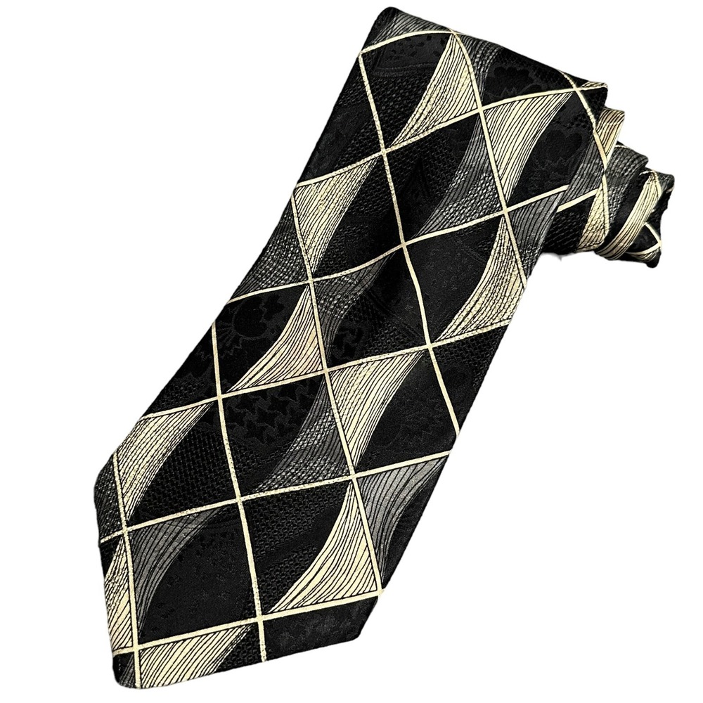 Robert Talbott Studio Tie Mens Black Beige Geometric 100% Silk Necktie Designer